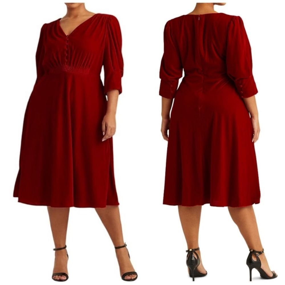 Lauren Ralph Lauren Velvet Puff Sleeve Dress Midi Red Size 12